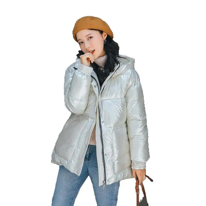 

201 Winter New Style Bright Surface Cotton-padded Jacket Students INS down Coat Mid-length Hooded Loose-Fit Padded Cotton-padded
