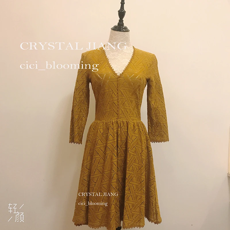 Горчичный желтый Boho кружевные короткие платья подружек невесты с рукавами 3/4
