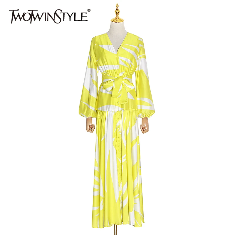 TWOTWINSTYLE Elegant Print Women Dresses V Neck Lantern Long Sleeve High Waist Lace Up Bow Hit Color Dress Female Fashion Tide TWOTWINSTYLE Elegant Print Women Dresses V Neck Lantern Long Sleeve High Waist Lace Up Bow Hit Color Dress Female Fashion Tide
