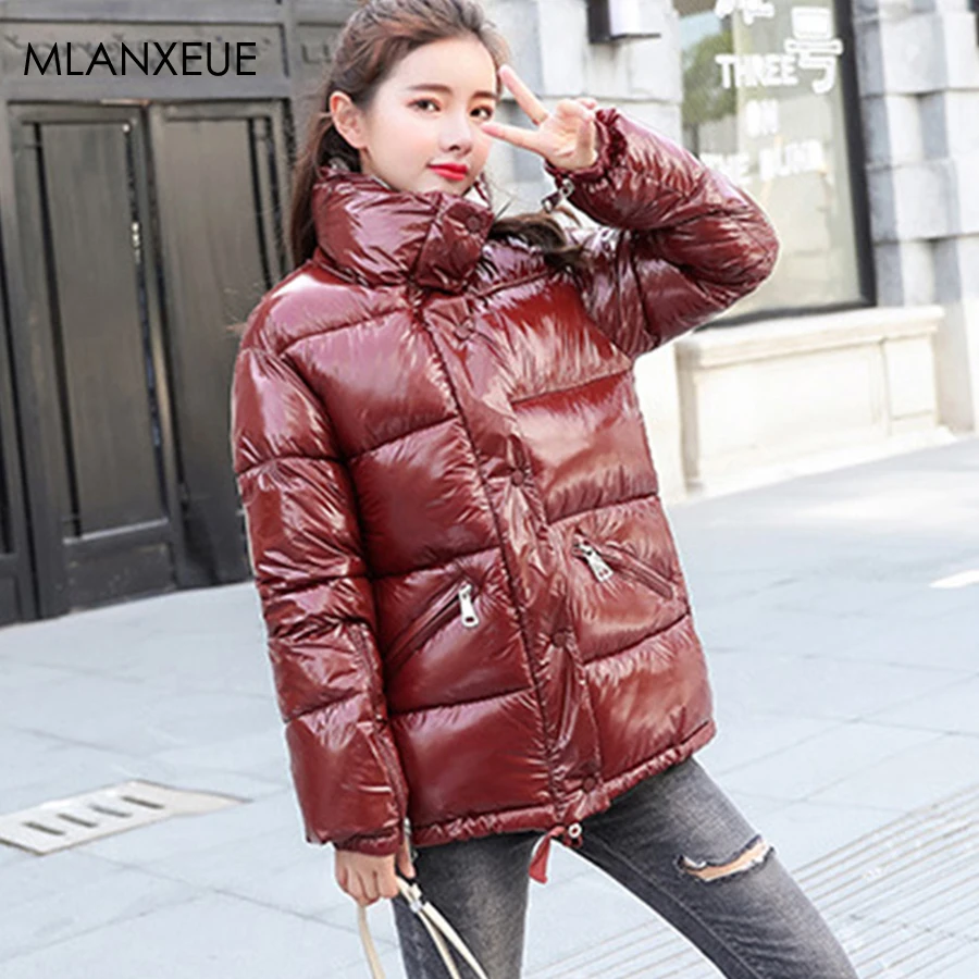

Solid Glossy Winter Cotton Coats Women Stand Neck Hardy Warm Plus Size Parka Coat Female Korean Baseball Jacket Jaqueta Feminina