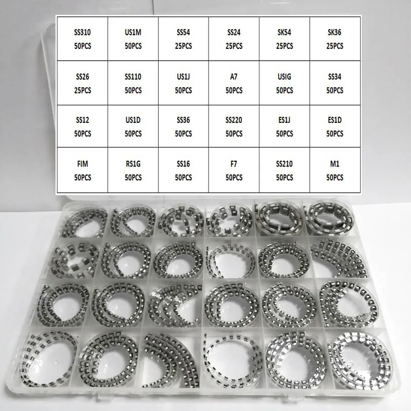 Комплект диодов для выпрямления SMD SS310 SK54 SS110 1N5822 1N4007 ES1J FR107 M1 SR2100 1N5817 SS16 S1M S2M SMA Schottky