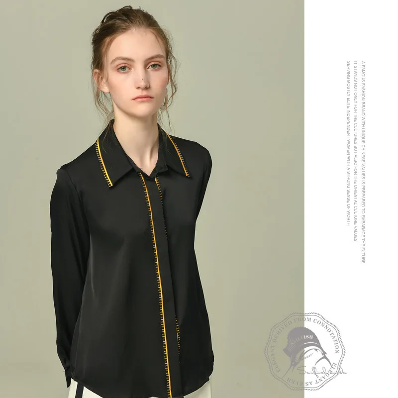 Zijde Blouses Shirts Voor Vrouwen Hoogwaardige Zwarte Chiffon Gouden Bloemen Trim Plus Size Casual Sexy Office Kleding 2020 Zomer