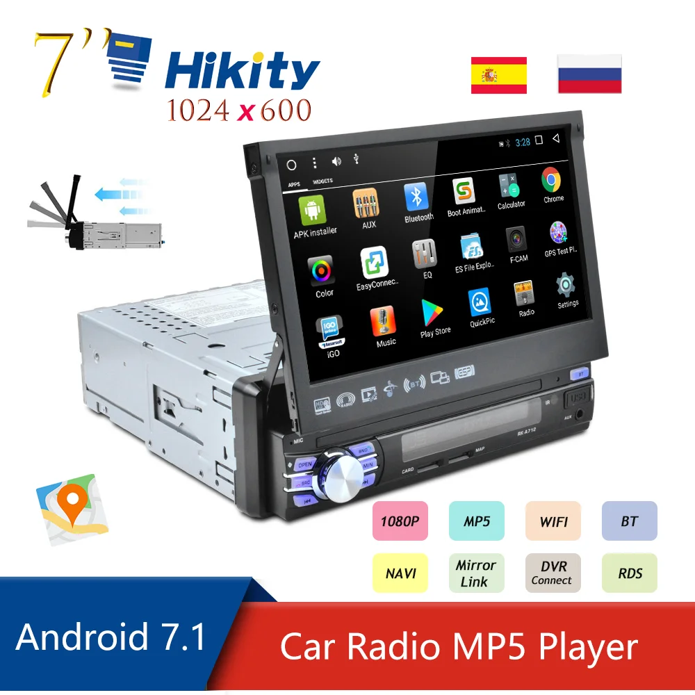 Hikity " HD 1 Din Android 7,1 автомобильный навигационный GPS радиоприемник Wifi выдвижной экран стерео Зеркало Ссылка автомобильный радиоприемник с Bluetooth Камера заднего вида