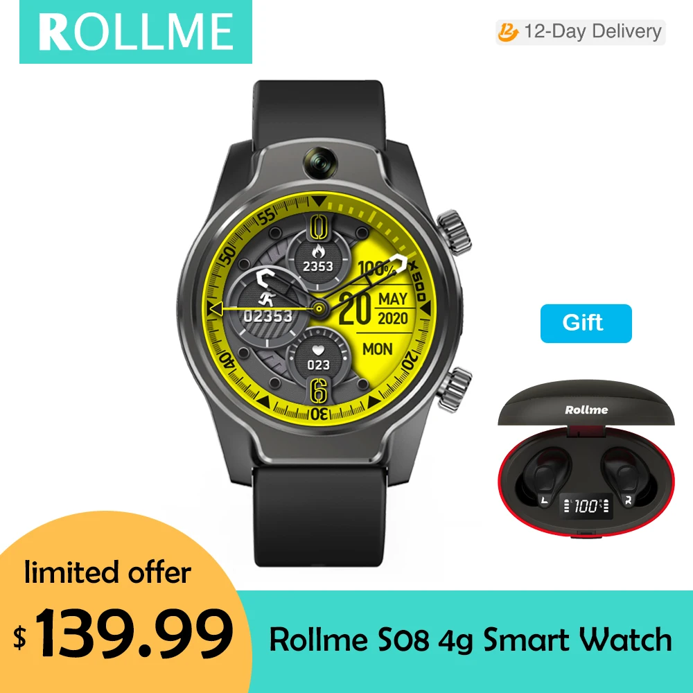 Смарт-часы-телефон Rollme S08 4G IP68 50 м двойная камера 8 0 МП GPS Glonass | Электроника