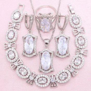 

Silver Color Jewelry Sets For Women Noble White Cubic Zirconia Earrings Bracelet Necklace Pendant Ring Christmas Gift