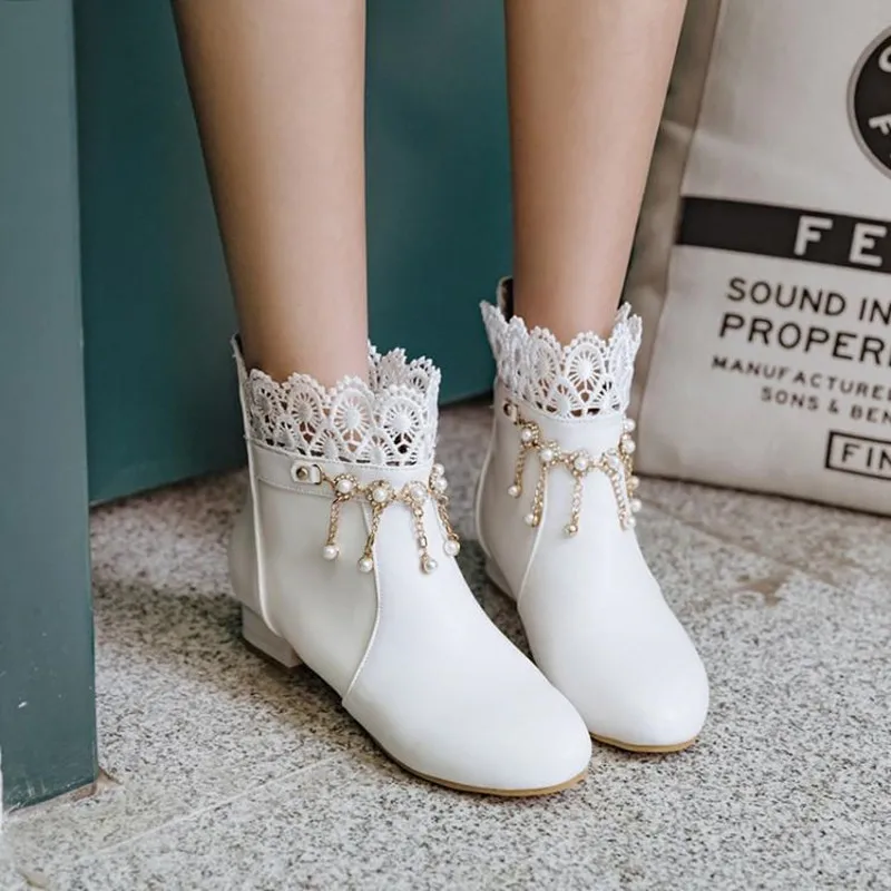 

Lace Sweet Knit Platform Short Boots Lolita Black/White Princess Large Size 31-43 Code Vintage Sweet Lolita Shoes