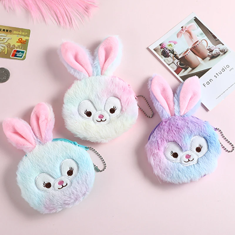 

Cute Rabbit Plush Coin Purse Fur Embroidered Money Pocket Children Clutch Bag Round Wallet ID Card Holder Case Kids Gift