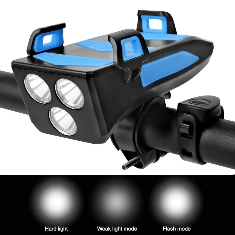 Multi-functional 3 LED USB Bike Light Built-in 4000 mAh Rechargeable Battery Cycling Light Cycling Phone Holder Bike Bell