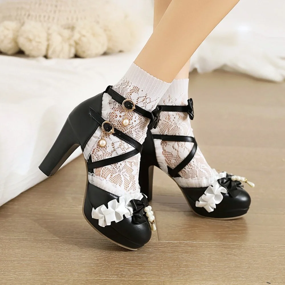 

Womens Lolita Round Toe Bowknot Lace Pearls Kawaii Cosplay Shoes Cross-straps Block High Heel Plus Size 34-48 Mary Janes Sweet