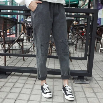 

Gray Jeans Woman Autumn High Elastic Waist Jeans Boyfriend Trousers Vintage Jeans Denim Korean Patchwork Pants Plus Size V764