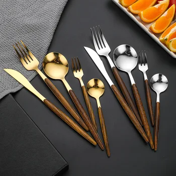 Set di stoviglie per coltelli da bistecca ecologico Manico in legno in acciaio inossidabile Stoviglie Coltello Forchetta Cucchiaio Posate Stoviglie per banchetti domestici 1