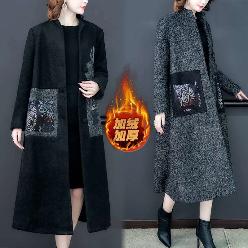 

2019 Winter National Wind Retro Stand Collar Slimming Wool Coat Women's Literature And Art-Style Elegant Joint over-the-Knee Tre