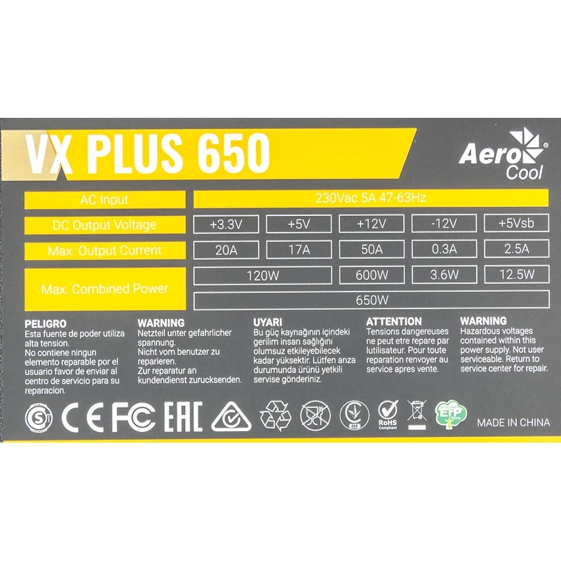 Блок питания Aerocool ATX 650W VX PLUS 650W(24+4+4pin) 120mm fan 3xSATA RTL