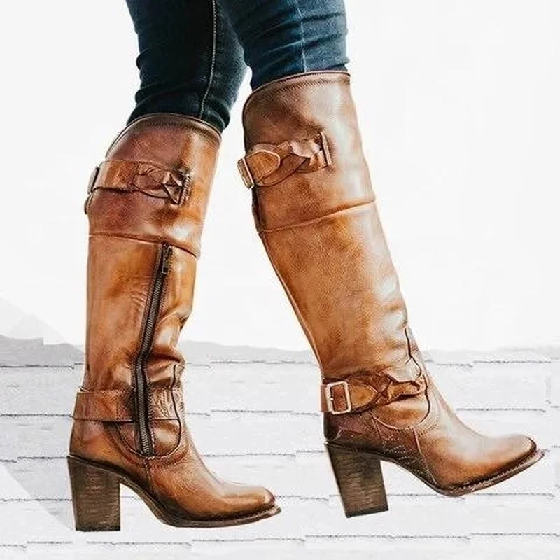 Женские сапоги до колена; chaussure; ботинки гладиаторские размера плюс; Винтажная обувь из искусственной кожи на высоком каблуке; женская обувь; zapatos mujer sapato; H595