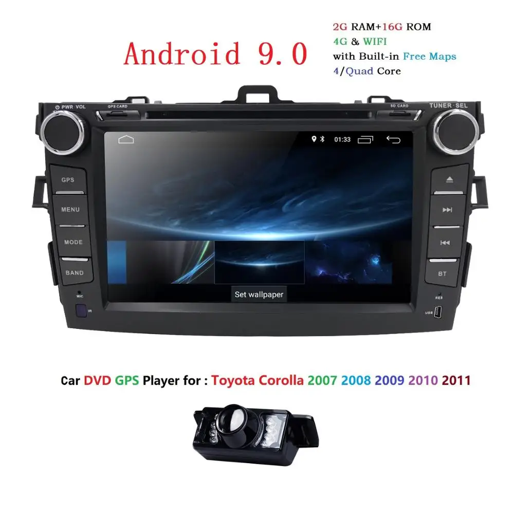 Clearance 8" 2Din Android 9.0 Car DVD GPS Player For Toyota Corolla 2007-2011 Bluetooth WIFI OBD2 Touch Screen 4-Core +Map+Free Camera 1