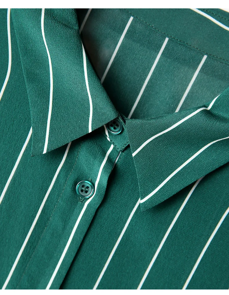 Women's Green Shirt 100% Natural Silk Ladies Blouses 2020 Striped Office Lady Turn-down Collar Ladies Office Top Spring