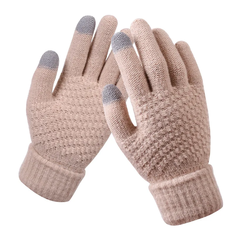 Зимние перчатки для сенсорного экрана для женщин и мужчин теплые тянущиеся вязаные варежки Имитация шерсти полный палец черные белые перчатки - Цвет: Бежевый