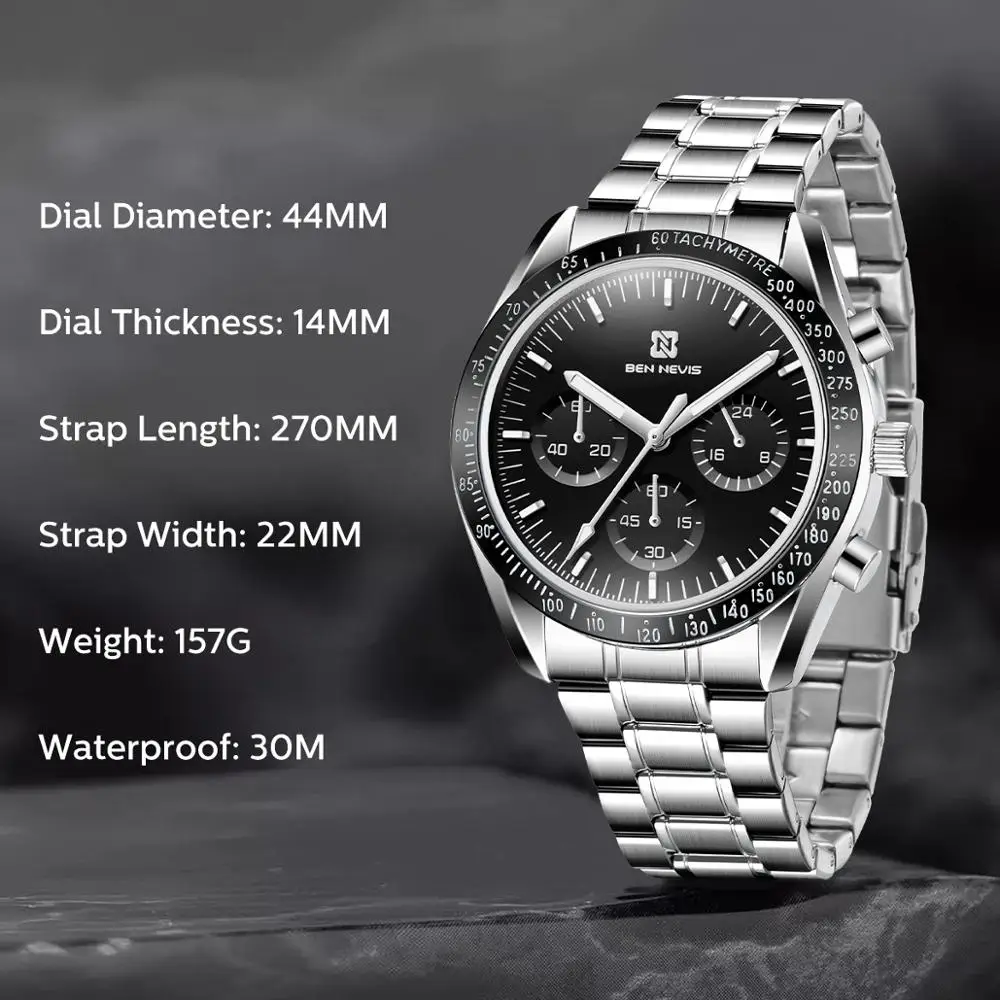 BEN NEVIS Business Watch for Men Silver Waterproof Chronos Watch Stainless Steel Strap Quartz Luminous Hands New Luxury Brand