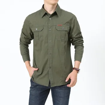 

Men Spring Japan Style High Quality Long Sleeve Turn Down Collar Army Green Solid Color Shirt Male Cotton Loose Formal Shirt