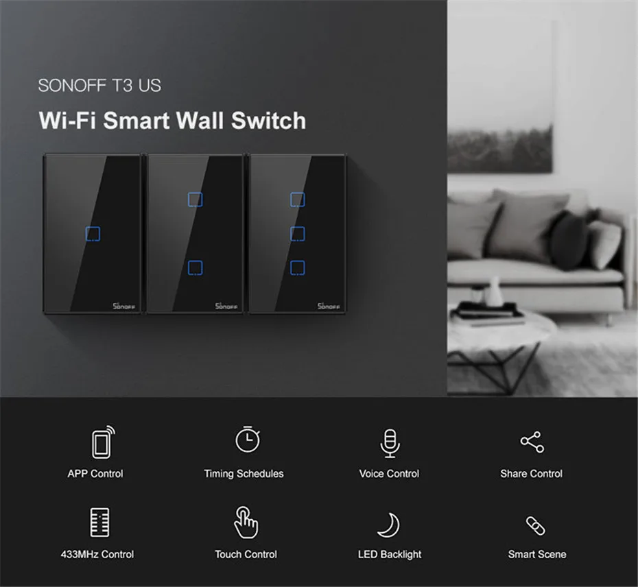 Itead Sonoff T3 US 1 2 3 gang Smart Wall Light Switch with Border,Touch RF433 wifi Control,Works With Alexa Google Home,120 Size