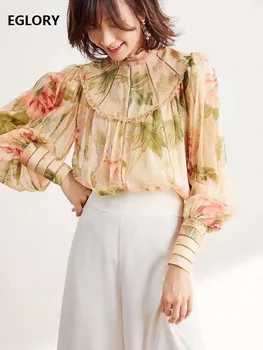 

Top Quality Blouse Shirts 2020 Spring Summer Tops Women Charming Floral Print Hollow Out Sexy Long Sleeve Casual Loose Tops