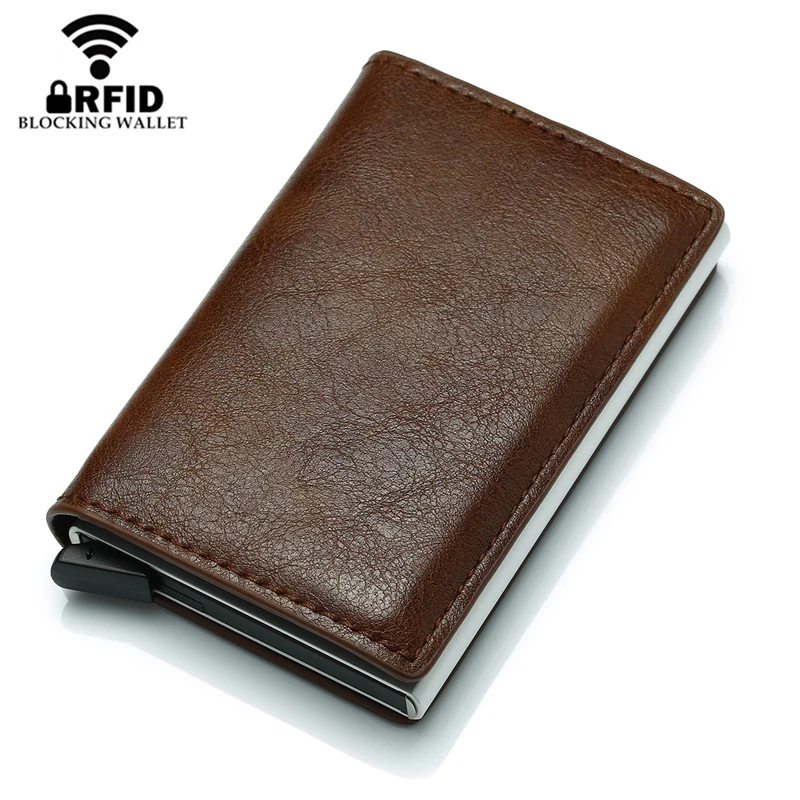 Unisex Business Card Holder RFID Blocking Card Wallet Aluminum Metal High Quality Crazy Horse PU Leather Slim Small Card Case