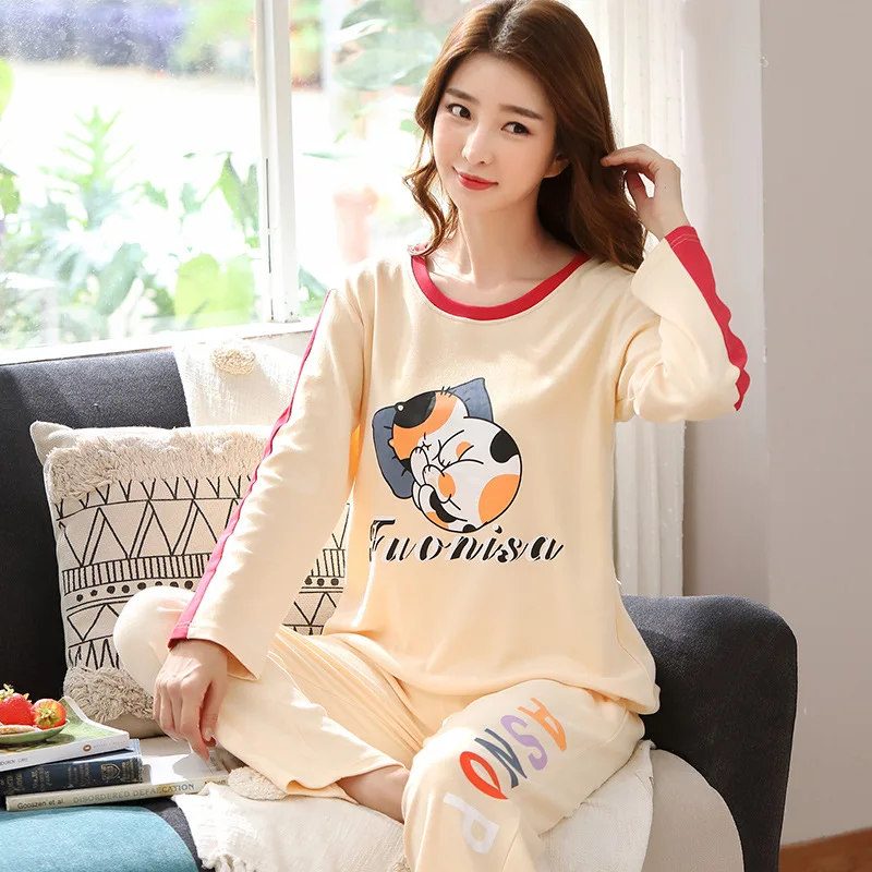 

Extra Large Pajamas Women's Spring And Autumn Cotton Long Sleeve Loose-Fit Beige Cute Cat Plus-sized 200 Set