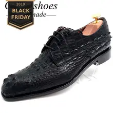 Goodyear/обувь ручной работы; Мужские модельные туфли; цвет черный; натуральная крокодиловая кожа; Роскошная официальная обувь; оксфорды на шнуровке с острым носком; GSTN008