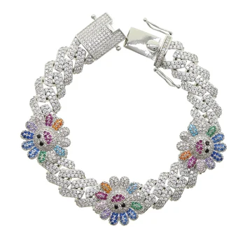 

new iced out bling cz micro pave rainbow colorful smile flower charm bracelet 12mm gold silver color cuban link chain for women