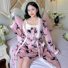 Warm Flannel Robe Set Winter Floral Robe Thicken Sexy Nightgowns Bathrobe Women Pajamas Bath Flannel Sleepwear Womens Homewear