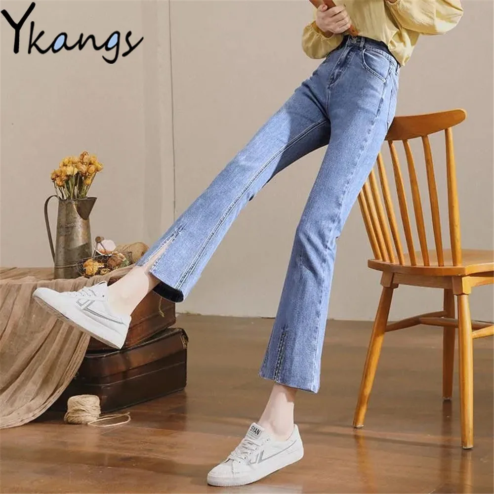 

Front Slit Stretchy Skinny Flared Jeans High Waist Slimming Women Cropped Denim Pants Blue Korean Simple Basic Bootcut Trousers