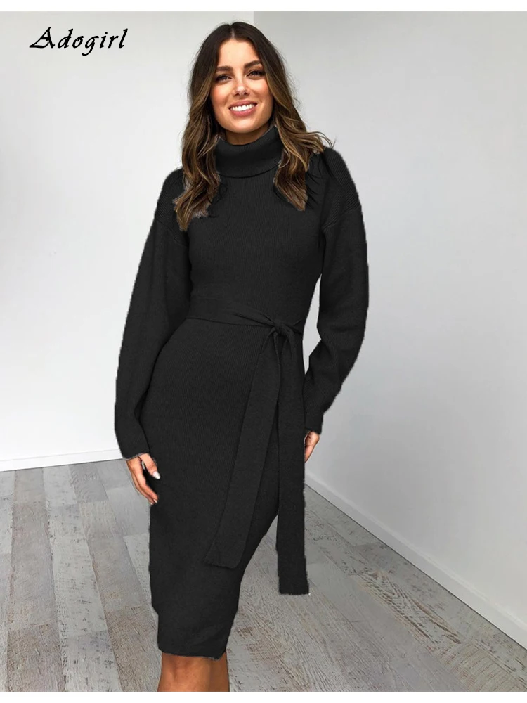 

Elegant Knit Rib Warm Dress Women Casaul Long Sleeve Knee Length Bodycon Sweater Dress Autumn Turtleneck Outwear Dress Vestidos