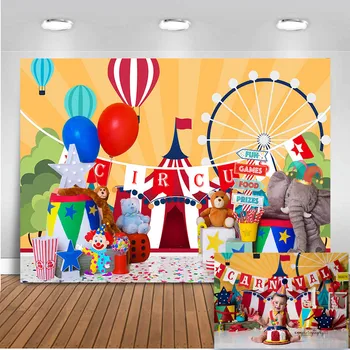 

Circus birthday backdrop Playground tent happy 1st birthday background for photo hot air balloons carnival photo background