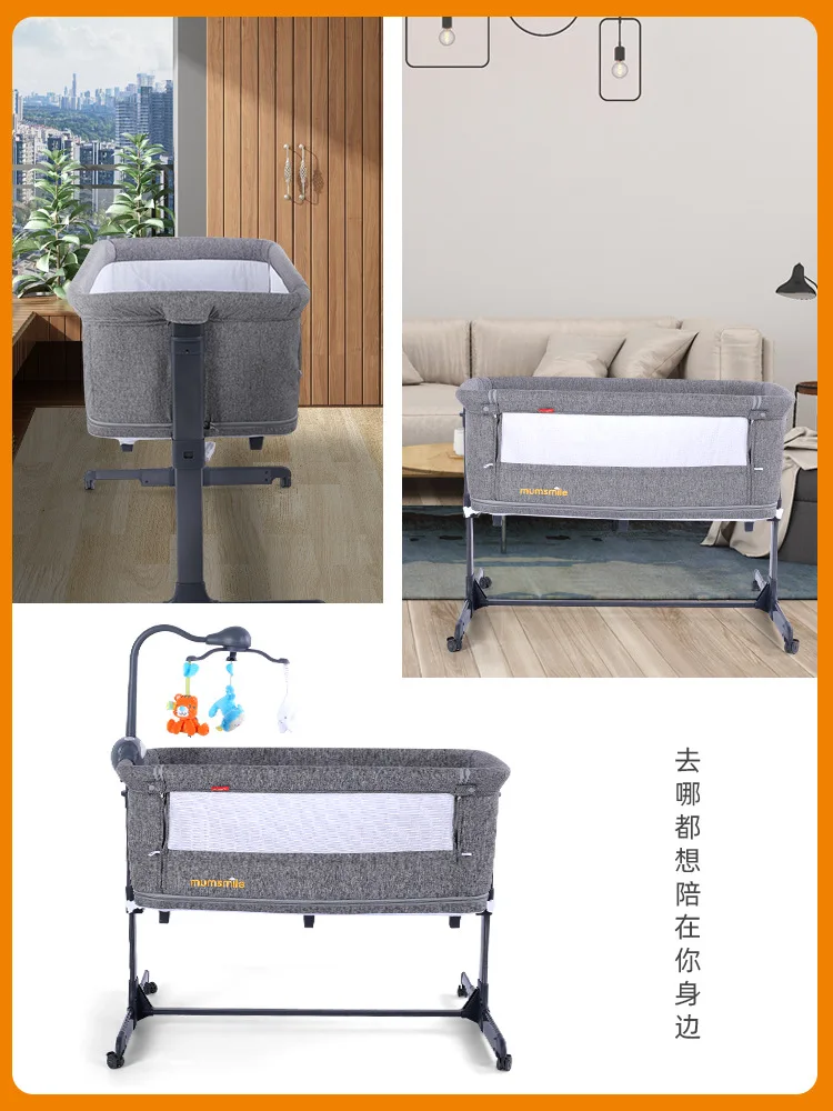  2layers Portable Baby Crib with Wheels Mosquito Net Bells Movable Foldable Spliced Large Bed Infant