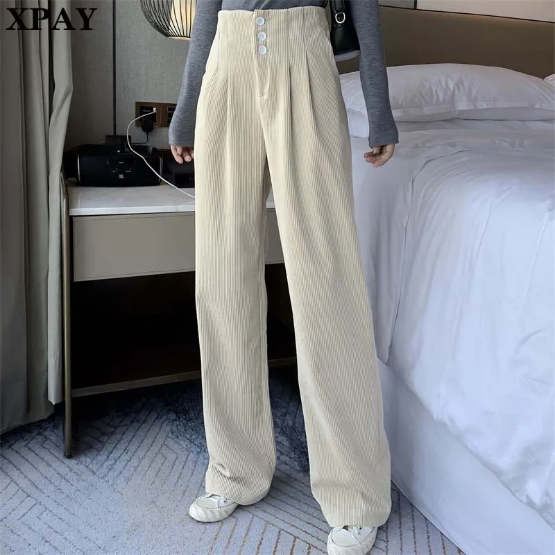 

High Waist 2020 Spring New Thicken Corduroy Pants Women Loose Buttons Wide-Legged Pants Female Streetwear Long Trousers Capris