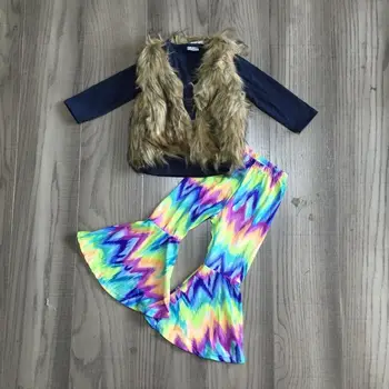 

girlymax baby Girl fall outfit girl girl navy blue raglan with plush vest girl bell bottom tie dye pants