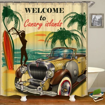 

Retro Beach Classic Car Shower Curtain Waterproof 3d Bathroom Curtain With Hook Decoration 180*180cm Polyester Cloth Bath Screen