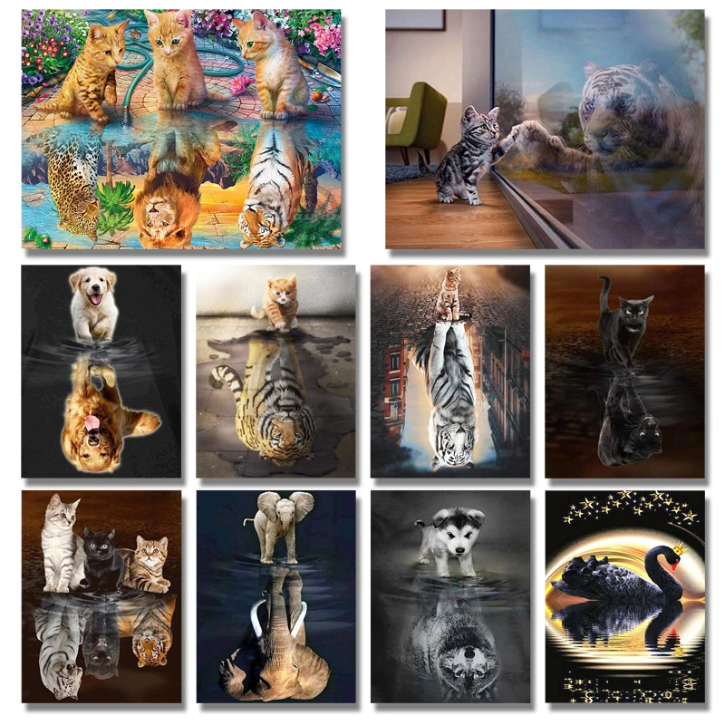 

Diamond Painting Reflection Cat Tiger Animal 5d Diy Mosaic Diamond Embroidery Dog Full Round Decor Home Picture Of Rhinestone
