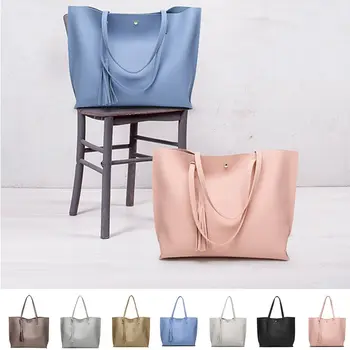 

Women Girls Pure Color Tassels Large Capacity Shoulder Bag Female Shopping Handbag Shoulder Tote Bag sac a main femme