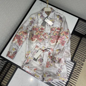 

Flower Pattern Two Piece Set Women Vintage Luxury Brand Lapels Pockets Single Breasted Shirt Jacket with High Waist Shorts Suits