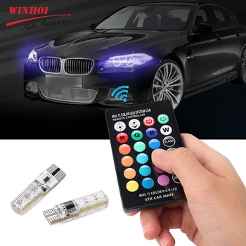 

2Pcs 12V LED T10 W5W 5050 6SMD 1.32W Auto Car RGB LED Interior Dome Wedge Reading Light Strobe Lamp Bulb With Remote Control