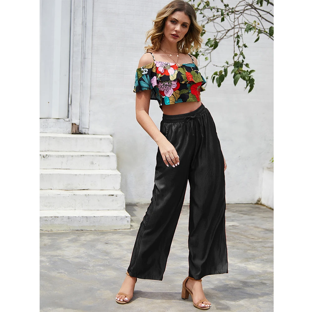 

Ankle Length Casual Running Women Pants Elastic Waist Loose Party Sexy Solid Wide Leg Cotton Blend With Pockets Autumn Winter