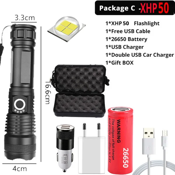 Package D-XHP50 Новейший XLamp самый мощный светодиодный светильник-вспышка, фонарь с зумом XHP70, заряжаемый через USB, тактический светильник 18650 26650 XHP50, Охотничья лампа - Испускаемый цвет: Package D-XHP50
