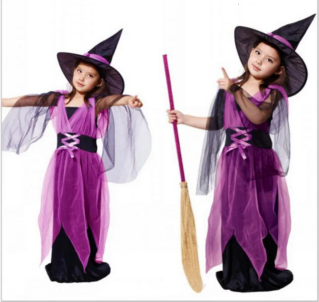 Фантазия для девочек костюм на Хэллоуин Coaplay ведьма платье детей Костюмы, детское платье для девочек, шляпа для маленьких девочек украшение Vestido