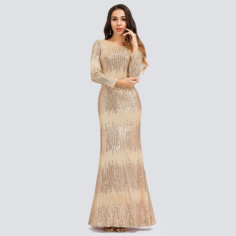 Роскошные вечерние платья русалки, Длинные королевские вечерние платья с круглым вырезом и длинным рукавом в пол, Сексуальные вечерние платья цвета розового золота, Vestito Lungo