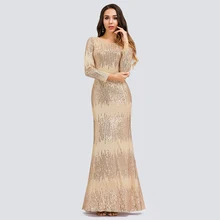 Роскошные вечерние платья русалки, Длинные королевские вечерние платья с круглым вырезом и длинным рукавом в пол, Сексуальные вечерние платья цвета розового золота, Vestito Lungo