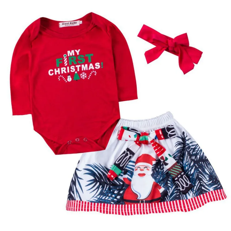 3pcs/set Christmas Children's Clothing New Girl Baby Red Long-Sleeved Rompers Skirt Headband 3-piece - Color: As the picture shows