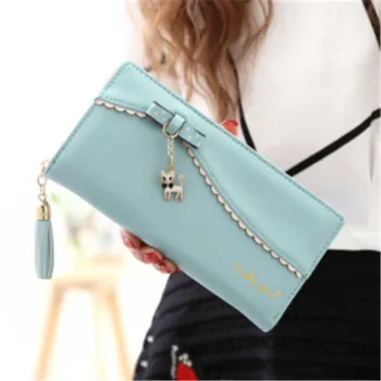 

Women Sweet Bow Wallet Handbags Cute Cat Pendant Tassel Card Holder Ladies Long Wallet PU Leather Hasp Zipper tassel Long Wallet