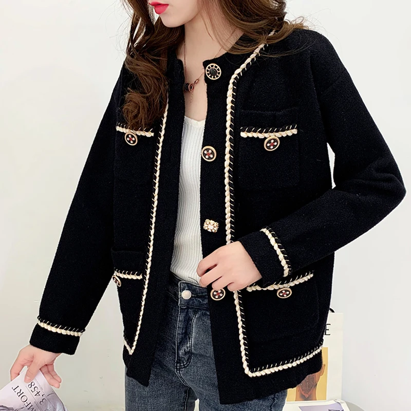Button-Wool-Jacket Thin-Coat Black Korean Fashion Women Long-Sleeve Autumn Ladies White