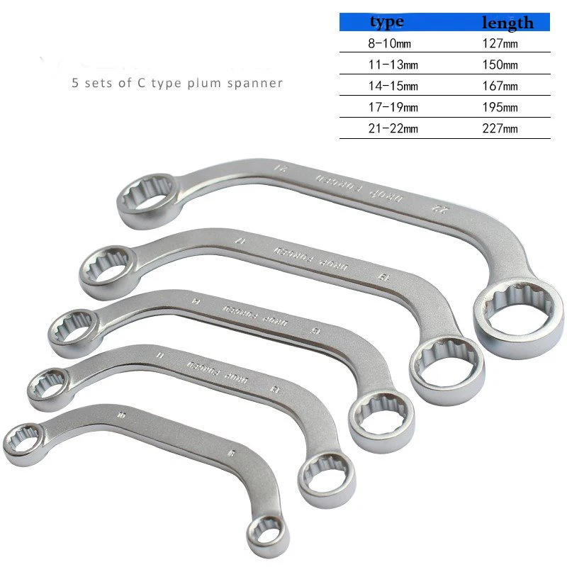 

L 5pcs/set 8-10/11-13/14-15/17-19/21-22mm C Type Plum Wrench Spanner Set Auto Repair Wrench Tool